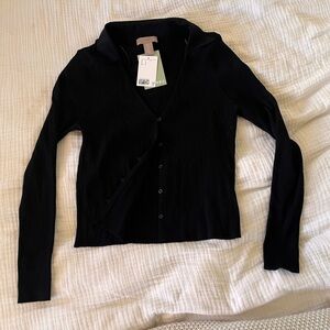 New H&M Black Button-Up Stretch Collared Cardigan With Tags Size L